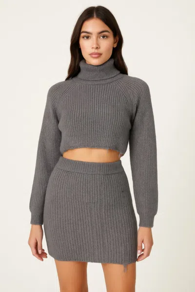 Truedames Knit Mock Neck Top And Skirt In Gray