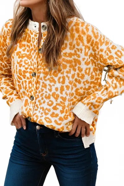 Little Daisy Closet Leopard Drop Shoulder Chunky Knitted Cardigan Sweater In Orange In Multi