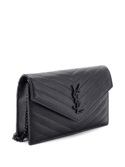 Pre-owned Saint Laurent Classic Monogram Wallet On Chain Matelasse Chevron Leather Small Crossbody Bag