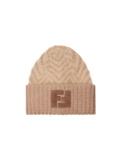 Fendi Brown Chevron Alpaca Beanie Women In Brown