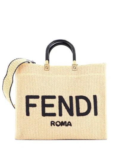 Pre-owned Fendi Sunshine Shopper Woven Raffia Medium Tote Bag