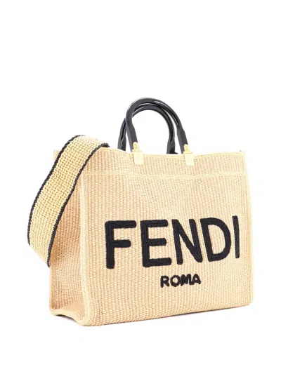 Pre-owned Fendi Sunshine Shopper Woven Raffia Medium Tote Bag