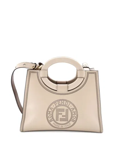 Pre-owned Fendi Runaway Shopper Perforated Leather Small Tote Bag In Neutral