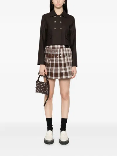 Maje Check-pattern Belted Skirt In Brown