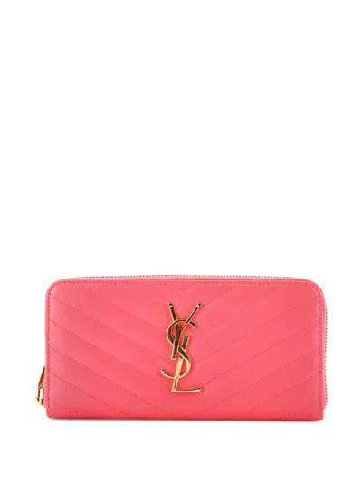 Pre-owned Saint Laurent Classic Monogram Zip Around Wallet Matelasse Chevron Leather Small Wallets In Pink