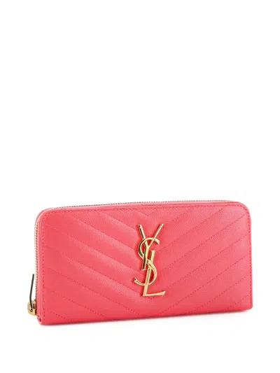 Pre-owned Saint Laurent Classic Monogram Zip Around Wallet Matelasse Chevron Leather Small Wallets In Pink