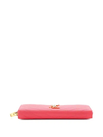 Pre-owned Saint Laurent Classic Monogram Zip Around Wallet Matelasse Chevron Leather Small Wallets In Pink