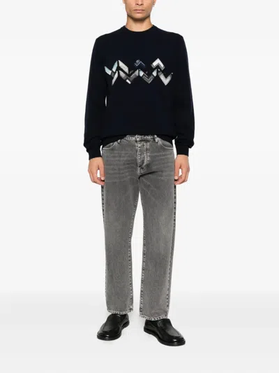 Missoni Crew Neck Sweater With Zigzag Detail In Blue