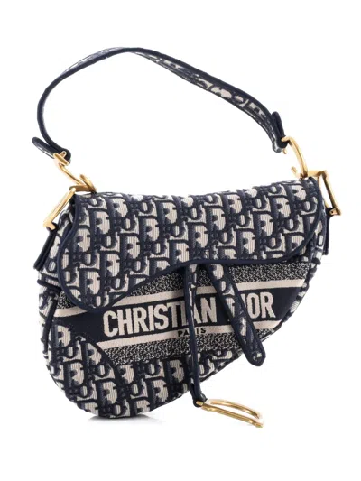Pre-owned Dior Saddle Handbag Logo Embroidered Oblique Canvas Medium Shoulder Bag In Blue