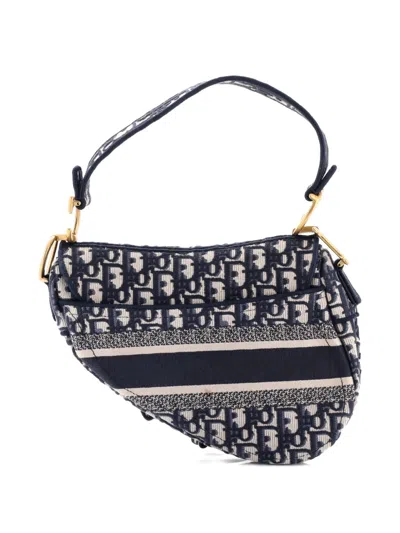 Pre-owned Dior Saddle Handbag Logo Embroidered Oblique Canvas Medium Shoulder Bag In Blue