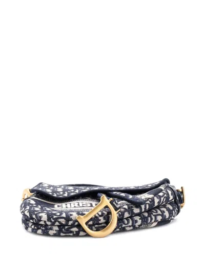 Pre-owned Dior Saddle Handbag Logo Embroidered Oblique Canvas Medium Shoulder Bag In Blue