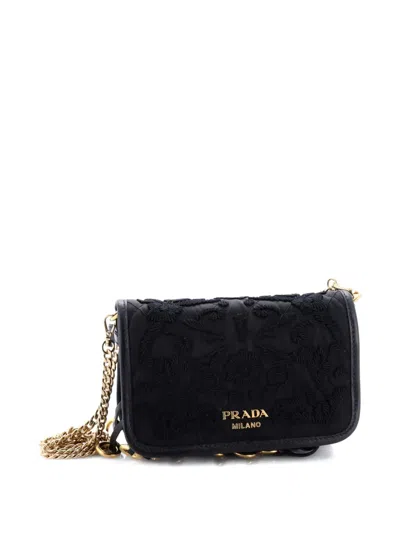 Pre-owned Prada Corsaire Embroidered Quilted Tessuto Small Belt Bag In Black