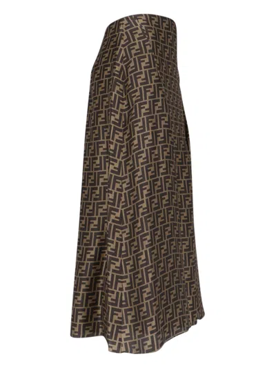 Fendi Women Embroidered Silk Skirt In Brown
