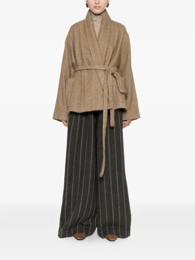 Uma Wang Herringbone-pattern Belted Jacket In Neutral