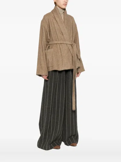 Uma Wang Herringbone-pattern Belted Jacket In Neutral