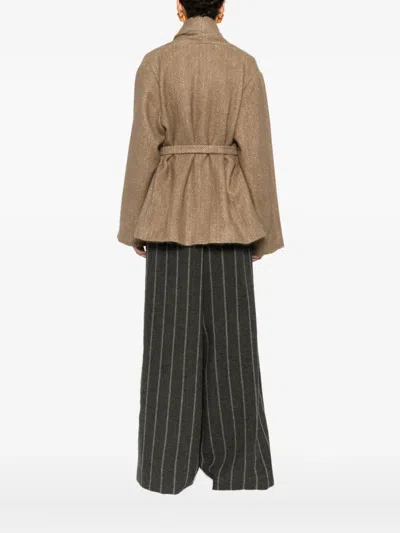 Uma Wang Herringbone-pattern Belted Jacket In Neutral