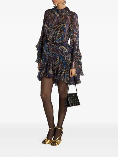 Etro Ruffled Paisley Foliage Mini Dress In Multi