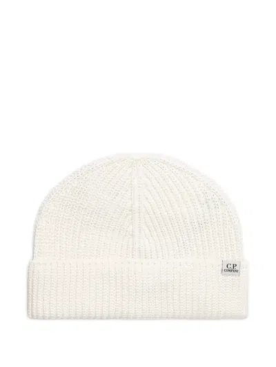 C.p. Company Ribbed Logo-patch Beanie Hat In White