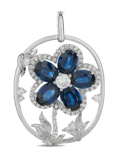 Pre-owned Lb Exclusive Platinum Diamond And Sapphire Flower Pendant In Silver