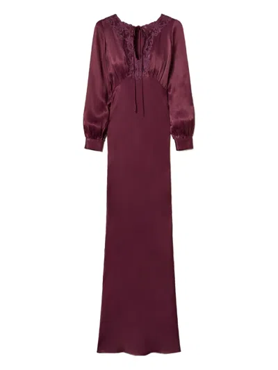 Twinset Long Satin Dress With Embroidery In Burgundy