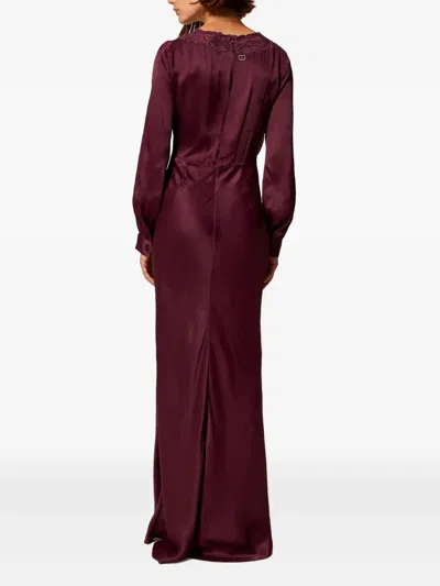 Twinset Long Satin Dress With Embroidery In Burgundy