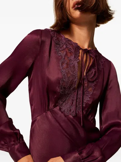 Twinset Long Satin Dress With Embroidery In Burgundy