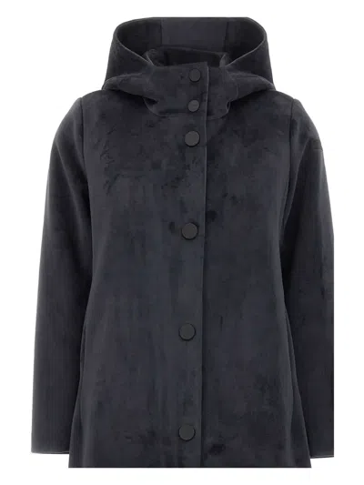 Rrd Hooded Buttoned Velour Coat In Blue