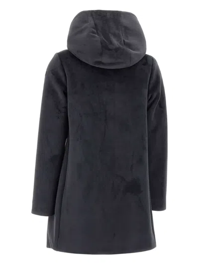 Rrd Hooded Buttoned Velour Coat In Blue