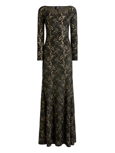 Etro Long Sleeve Metallic Paisley Chenille Gown In Black