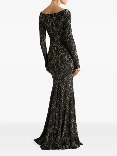 Etro Long Sleeve Metallic Paisley Chenille Gown In Black