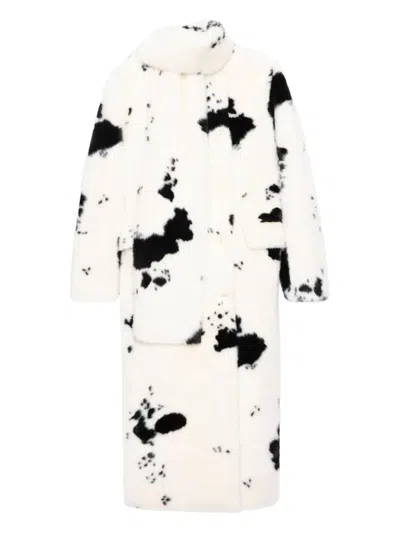 Stand Studio Double-breasted Faux-fur Coat With Cow Pattern In Black