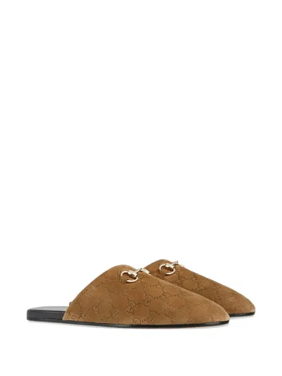 Gucci Sabot Suede Horsebit Flat Shoes Brown In Brown