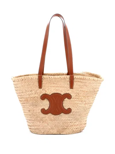 Pre-owned Celine Triomphe Basket Raffia With Leather Large Shoulder Bag In Neutral