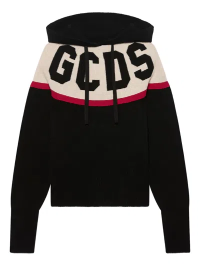 Gcds Logo Knit Cropped Hoodie In Black