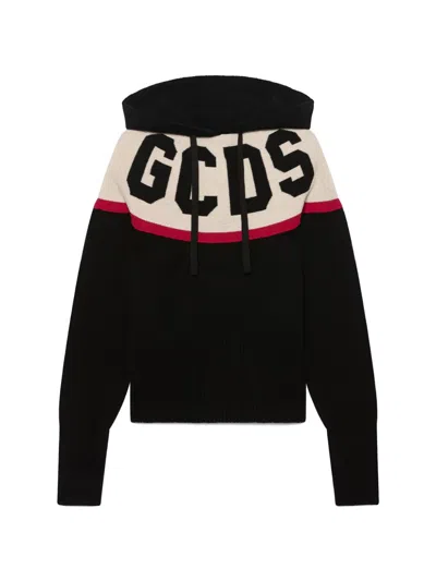 Gcds Logo Knit Cropped Hoodie In Black