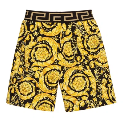Young Versace Kids Barocco Print Cotton Shorts In Yellow