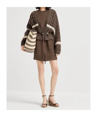 Brunello Cucinelli Stripe Cotton-jute Open Knit V-neck Cardigan In Brown