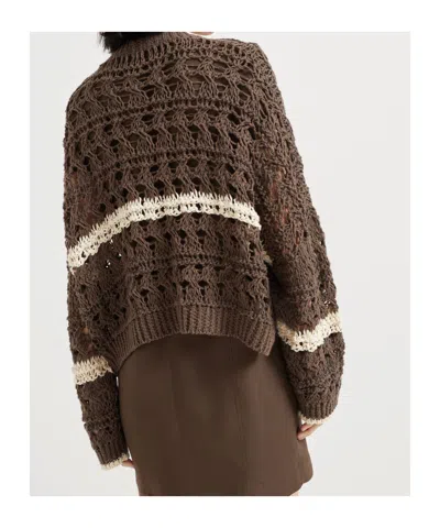 Brunello Cucinelli Stripe Cotton-jute Open Knit V-neck Cardigan In Brown