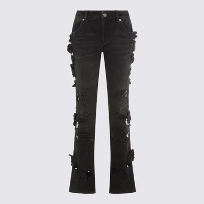 Blumarine Straight Trousers With Distressed Floral Appliqué In Black