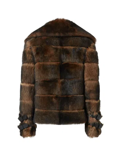 Fendi Women Color Pequin Motif Fur Aviator Jacket In Brown