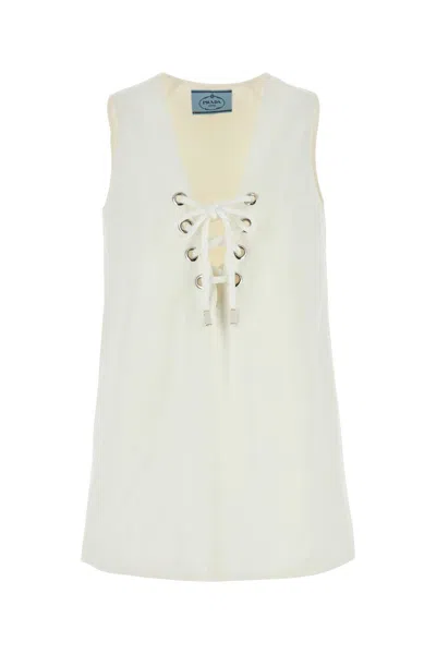Prada Cotton Mini Dress Featuring Eyelet Detailing In White