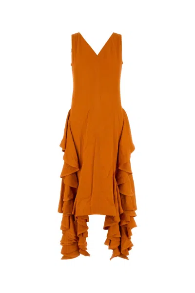 Bottega Veneta Viscose Dress With Asymmetric Hem And Ruffles In Orange
