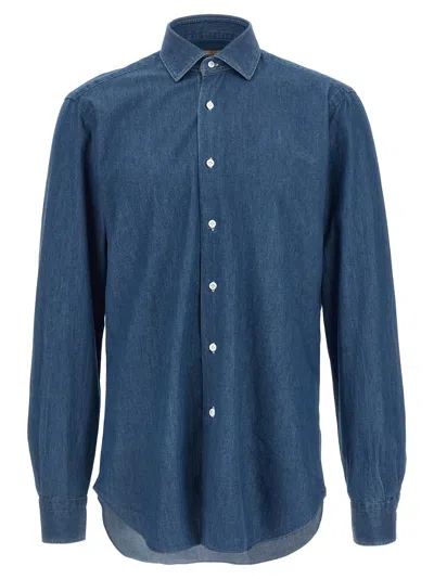 Barba Napoli Button-down Collar Long Sleeve Denim Shirt In Blue