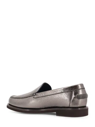 Brunello Cucinelli Metallic Finish Round Toe Loafers With Rubber Sole In Gray