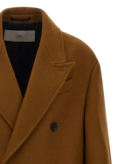 Ami Alexandre Mattiussi Double-breasted Coat Featuring Back Vent And Notched Lapels In Brown