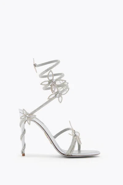 René Caovilla Margot Mirrored Silver Sandal With Butterflies 105 In Silver
