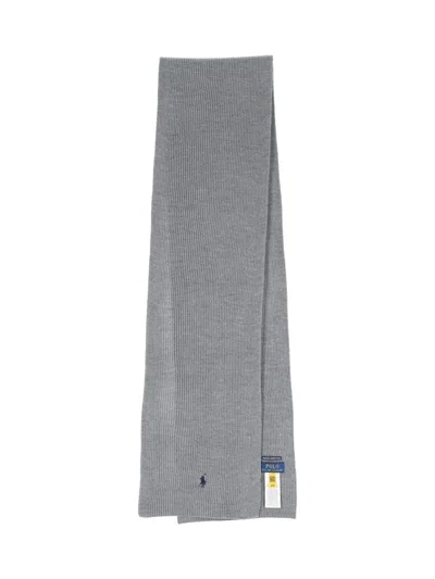 Polo Ralph Lauren Embroidered-logo Ribbed-knit Scarf In Grey