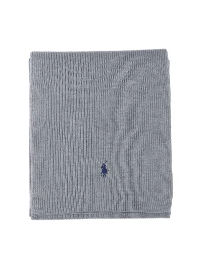 Polo Ralph Lauren Embroidered-logo Ribbed-knit Scarf In Grey