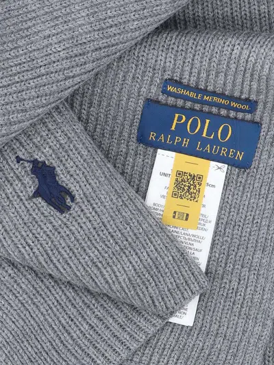 Polo Ralph Lauren Embroidered-logo Ribbed-knit Scarf In Grey