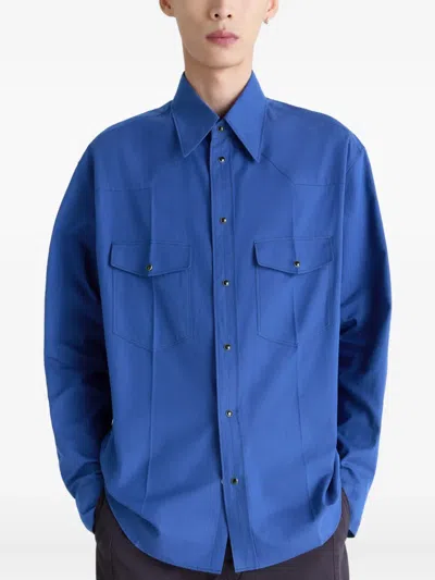 Lemaire Yoke-detail Chest-pockets Shirt In Blue